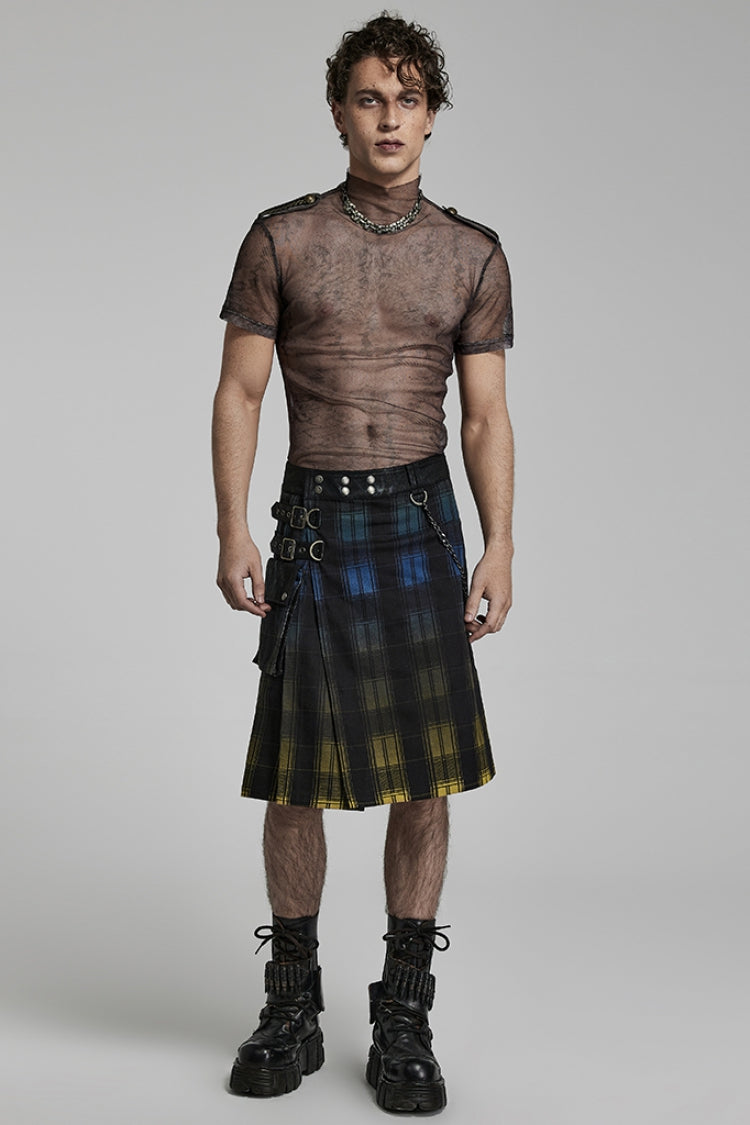 Plaid Print Gradient Stitching Adjustable Waist Men's Steampunk Skirt 2 Colors - Product - 4