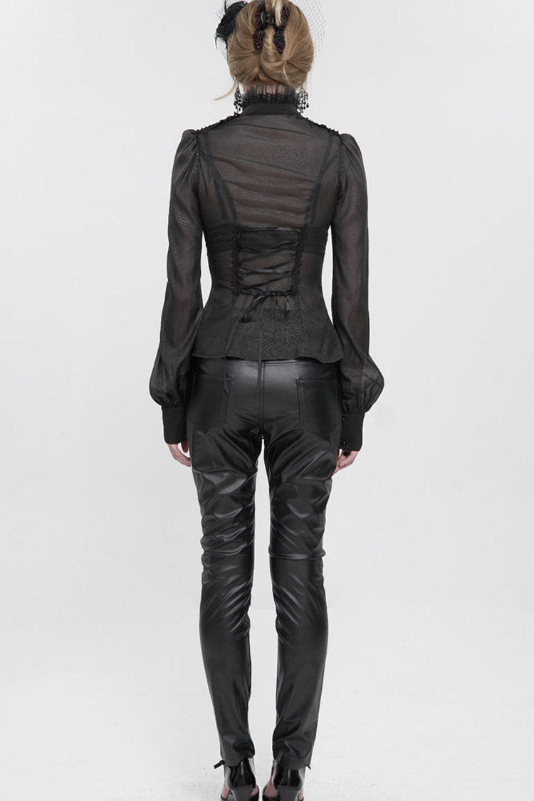 Black Long Sleeve Ruffles On Chest Shoulder Back Tie Detail See-Through Pattern Material Stand Collar Women's Gothic Shirt - Product - 6