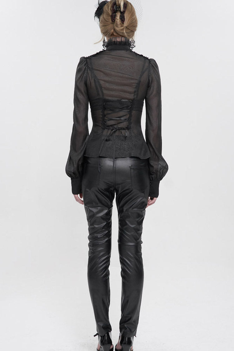 Black Long Sleeve Ruffles On Chest Shoulder Back Tie Detail See-Through Pattern Material Stand Collar Women's Gothic Shirt - Product - 6