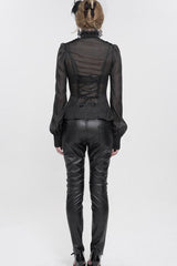 Black Long Sleeve Ruffles On Chest Shoulder Back Tie Detail See-Through Pattern Material Stand Collar Women's Gothic Shirt - Product - 6