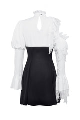 Black/White Lace High Collar Asymmetric Long Trumpet Puff Sleeves Bowknot Women's Lolita Gothic Short Dress - Product - 23