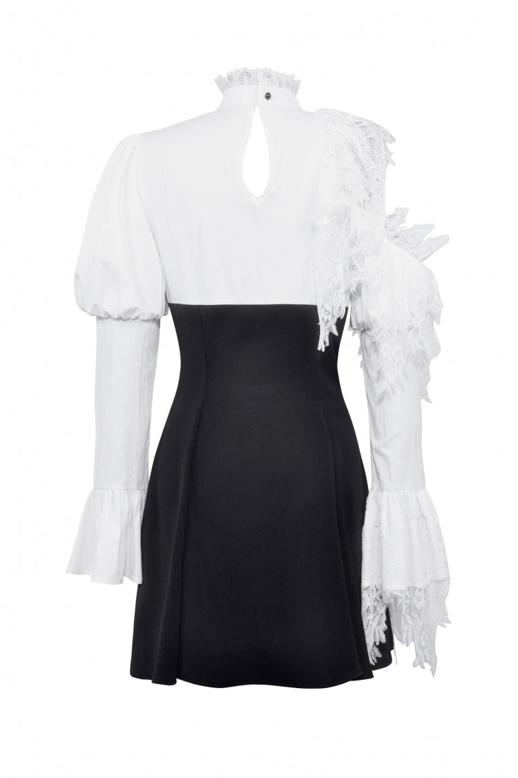Black/White Lace High Collar Asymmetric Long Trumpet Puff Sleeves Bowknot Women's Lolita Gothic Short Dress - Product - 23