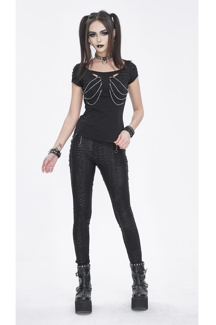 Black Short Sleeves Hollow Ripped Women's Steampunk T-Shirt - Product - 3