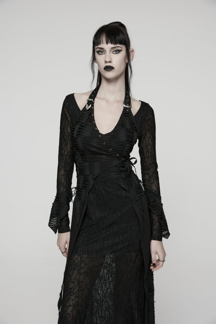 Black Off Shoulder Halterneck Long Trumpet Sleeves Hanayome Lace Lace-Up Women's Punk Dress - Product - 4