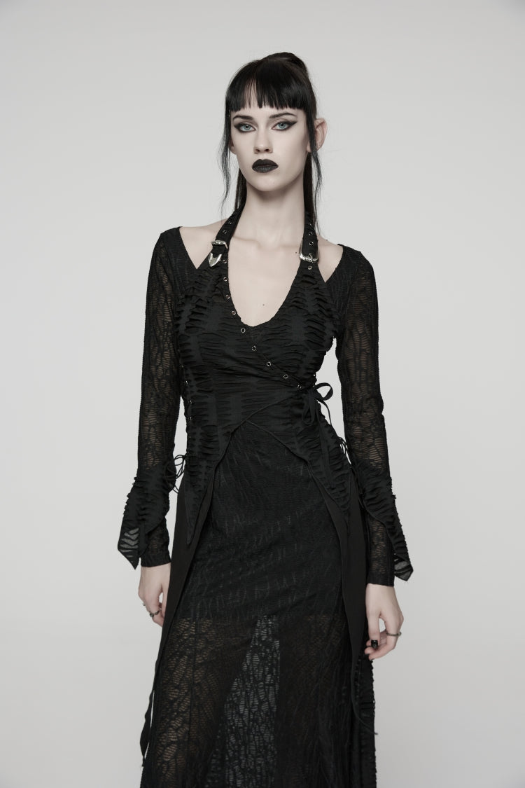 Black Off Shoulder Halterneck Long Trumpet Sleeves Hanayome Lace Lace-Up Women's Punk Dress - Product - 4