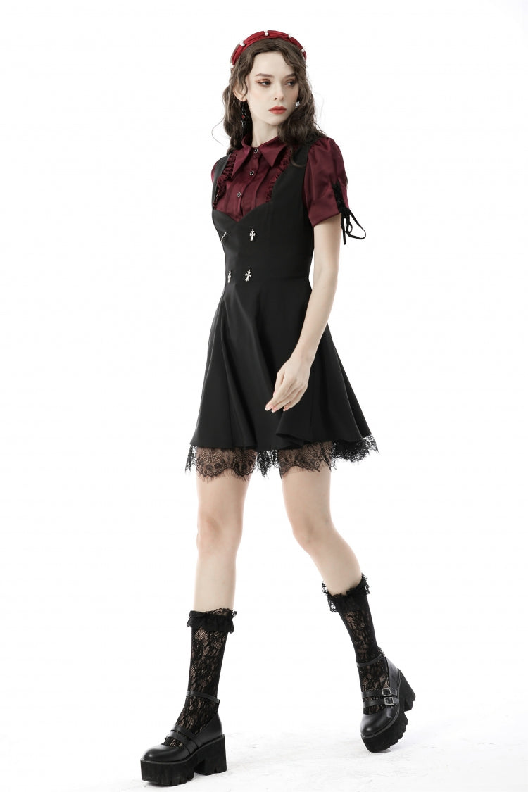 Wine Red Point Collar Short Puff Sleeves Ruffled Women's Gothic Elegant Blouse - Product - 2