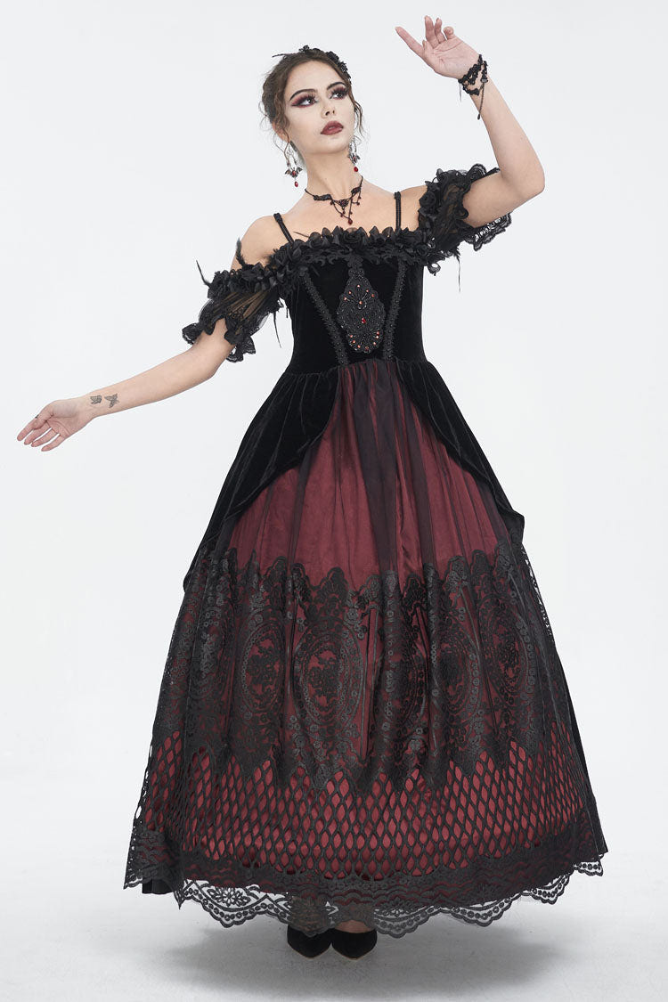 Red Off Shoulder High Waisted Print Lace Women's Gothic Dress - Product - 4