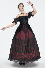 Red Off Shoulder High Waisted Print Lace Women's Gothic Dress - Product - 4