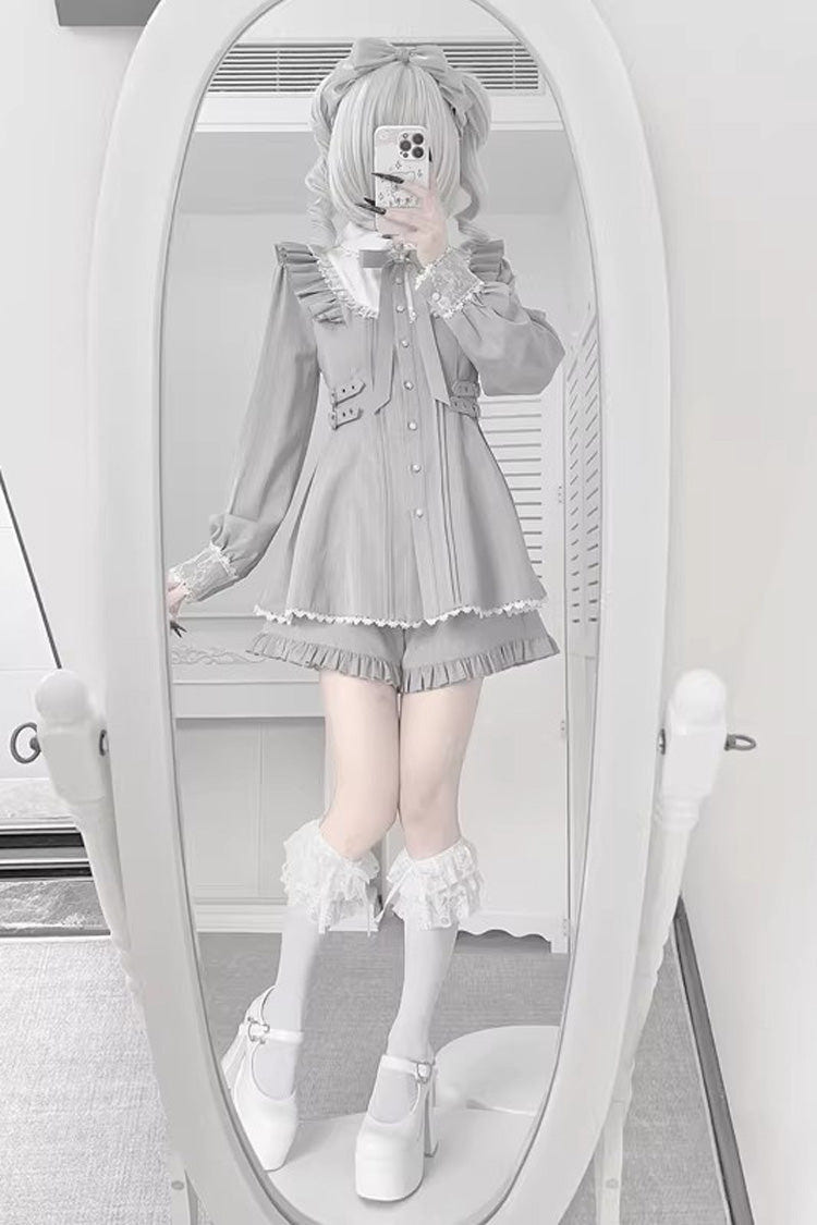 Grey Doll Collar Long Sleeves Ruffled Sweet Jirai Kei Dress - Product - 2