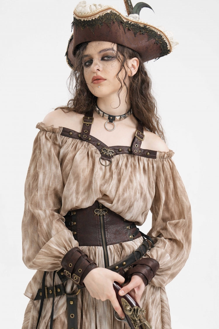 Apricot Buckle-up Halterneck Long Sleeves Women's Gothic Blouse - Product - 8