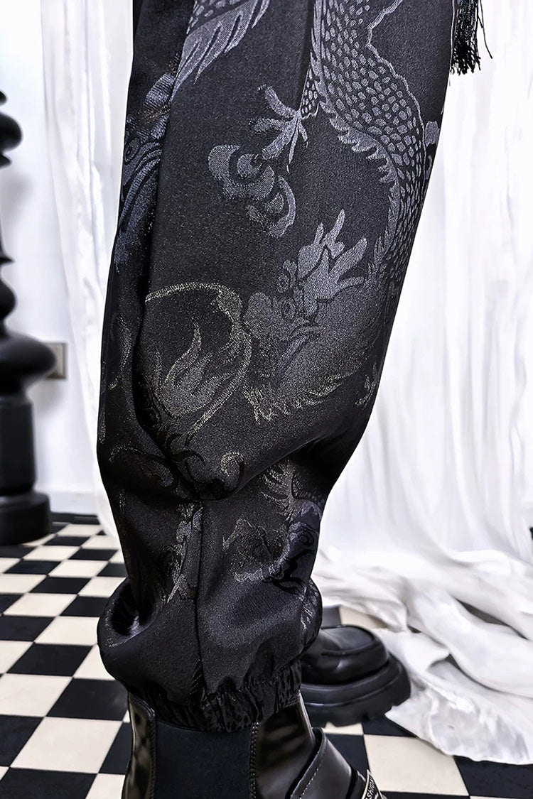 Black Dragon-Pattern Jacquard Printed Ouji Gothic Chinese Style Handsome Lolita Tassel Pants - Product - 7