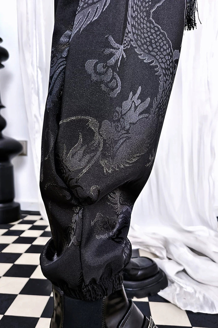 Black Dragon-Pattern Jacquard Printed Ouji Gothic Chinese Style Handsome Lolita Tassel Pants - Product - 7