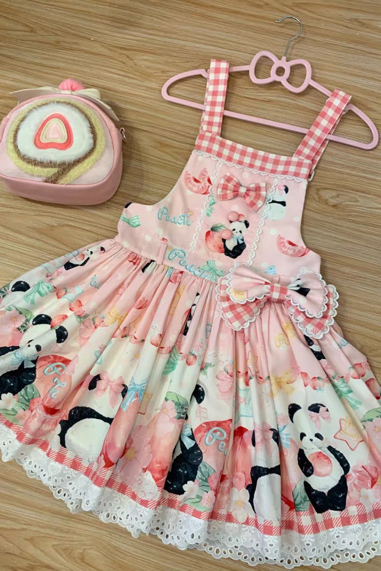 Panda Peach Print Bowknot Sweet Lolita Strap Dress 3 Colors - Product - 16
