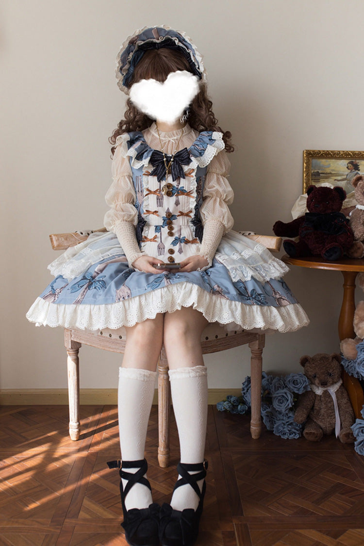 Blue [The Witch’s Banquet] Sleeveless Printed Ruffled Embroidered Bow Lace Sweet Lolita Jsk Dress - Product - 4