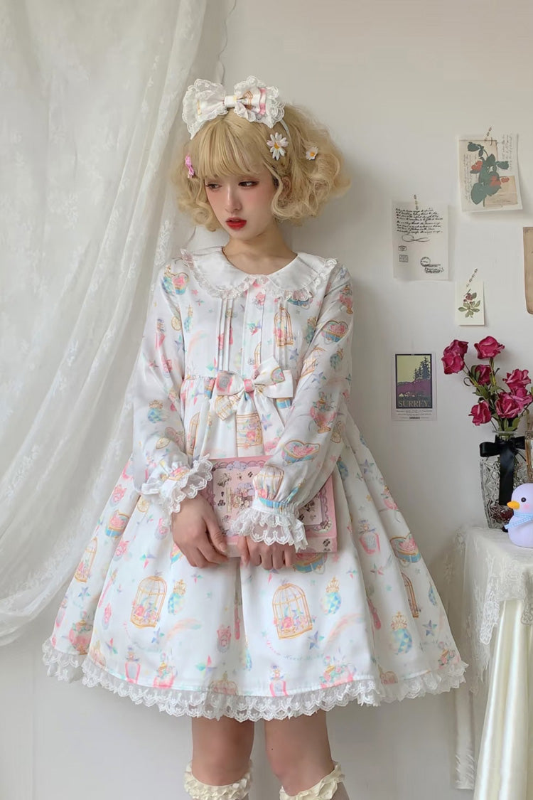 White/Apricot Long Sleeves Print Bowknot Lace Sweet Plus Size Lolita Dress - White/Apricot - 1