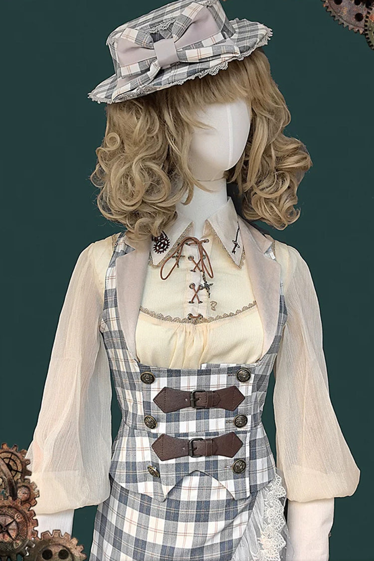 Blue Plaid [The Traveler] Sleeveless Ruffled Irregular Asymmetric Punk Lolita Skirt Set - Vest(Only) - 4