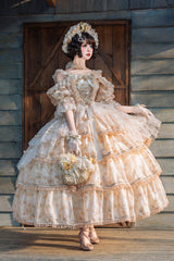 Yellow [Rose Letter] Off Shoulder Triple-Layered Print Ruffle Hanayome Sweet Princess Lolita Dress - Yellow - 1