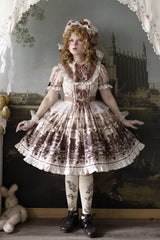 Brown [Teddy Bear Party] Round Collar Short Sleeves Printed Ruffled Bow Daily Sweet Lolita Dress - Product - 13