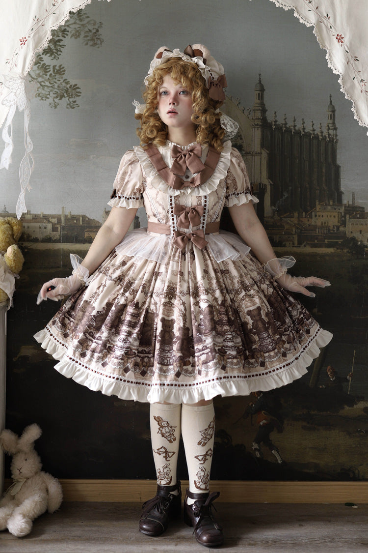 Brown [Teddy Bear Party] Round Collar Short Sleeves Printed Ruffled Bow Daily Sweet Lolita Dress - Product - 13