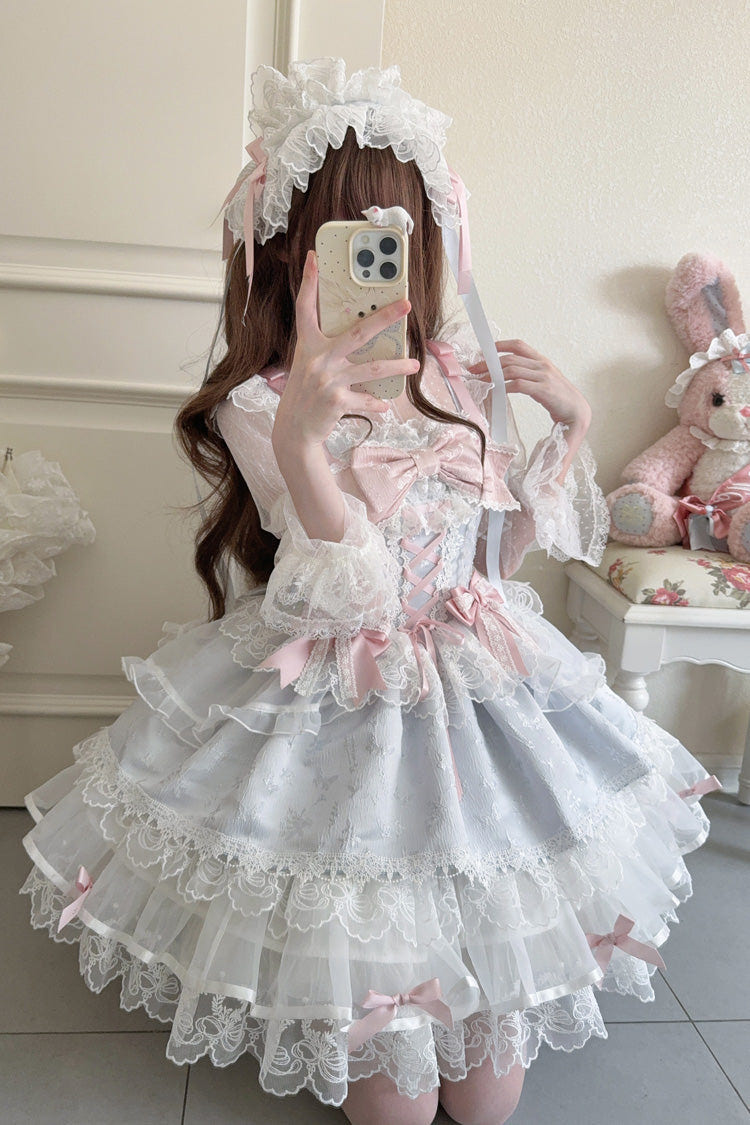 Blue [Fleishi Island] Sleeveless Ruffle Bowknot Lace Slim Sweet Ballet Lolita Jsk Dress - Product - 9