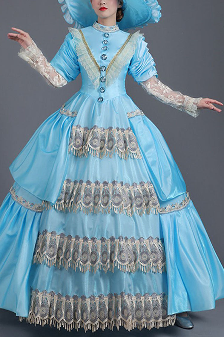 Blue High Waisted Lace Stitching Hollow Embroidery Floral Print Victorian Lolita Prom Dress - Blue - 1