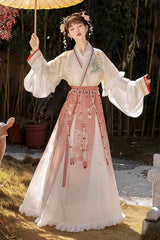 [Lily of the Valley] Long Sleeves Wei-Jin Style Ombre Printed Ruffled Embroidered Chinese Style Classic Hanfu Dress Set 3 Colors - Red - 1