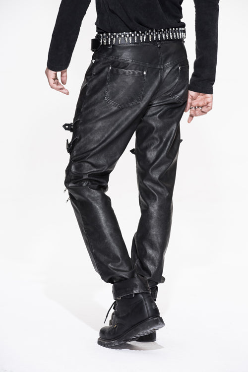 Black Punk Rock Biker Multi Loops Silver Zipper Hand Rubbed Leathers Mens Pants - Product - 5