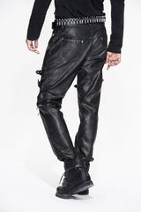 Black Punk Rock Biker Multi Loops Silver Zipper Hand Rubbed Leathers Mens Pants - Product - 5