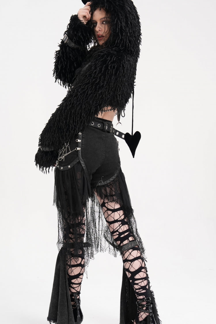 Black Chain Irregular Mesh Ripped Hem Women's Gothic Shorts - Product - 5