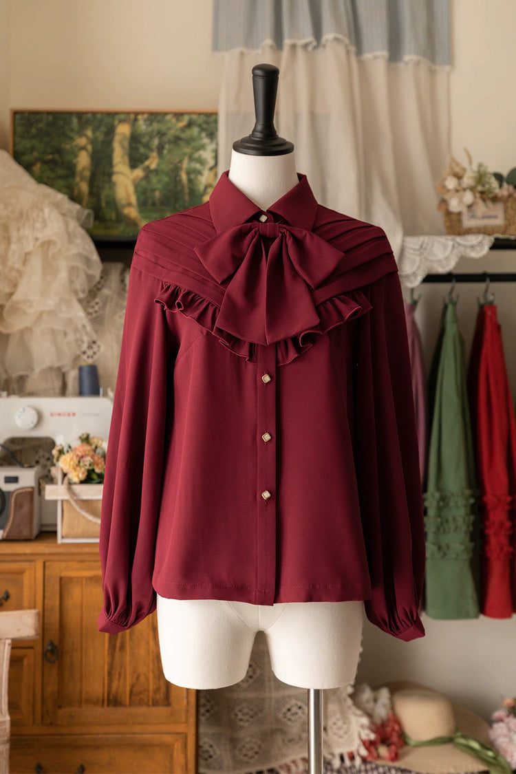 [Basket of the Forest] Lapel Collar Long Sleeves Ruffled Bow Classic Elegant Lolita Blouse 4 Colors - Wine - 4