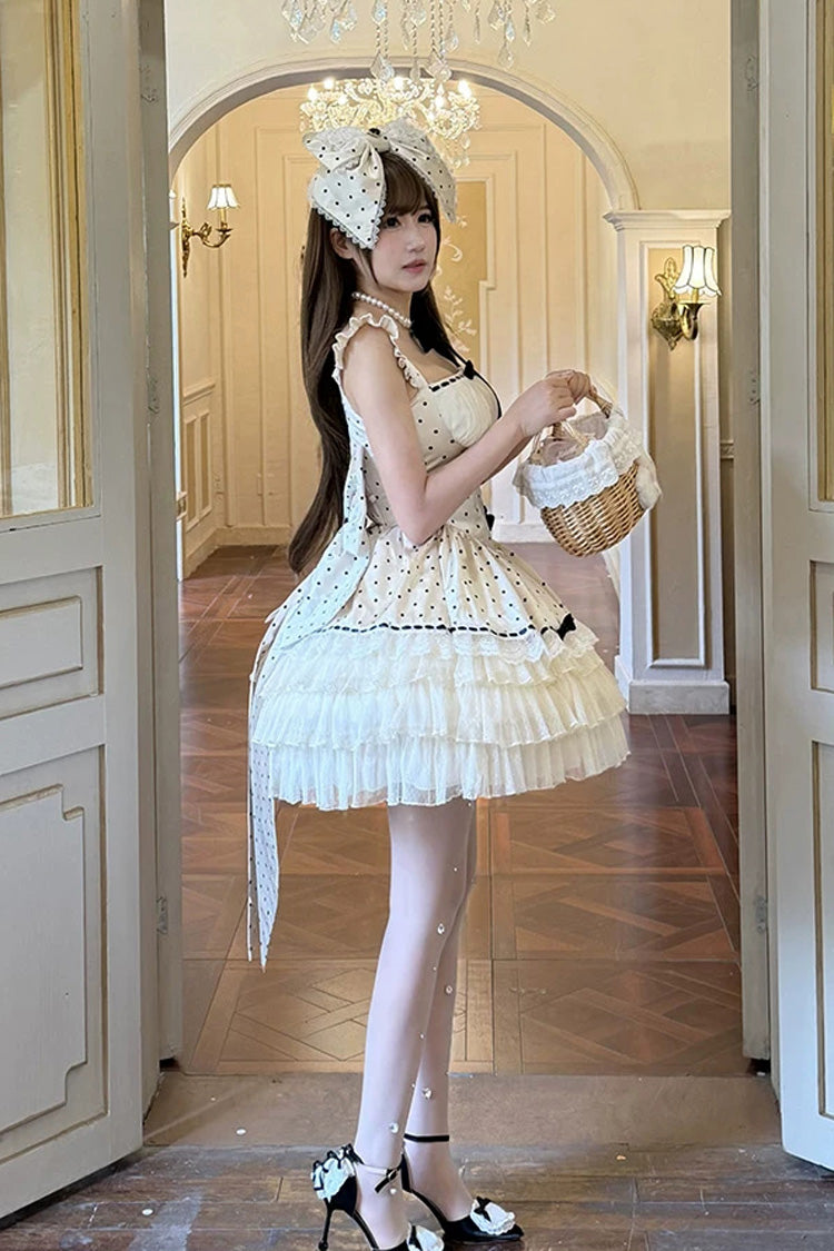 White [Polka Dot Waltz] Square Collar Flutter Sleeves Triple-Layered Printed Ruffled Bow Sweet Lolita Jsk Dress - Product - 8