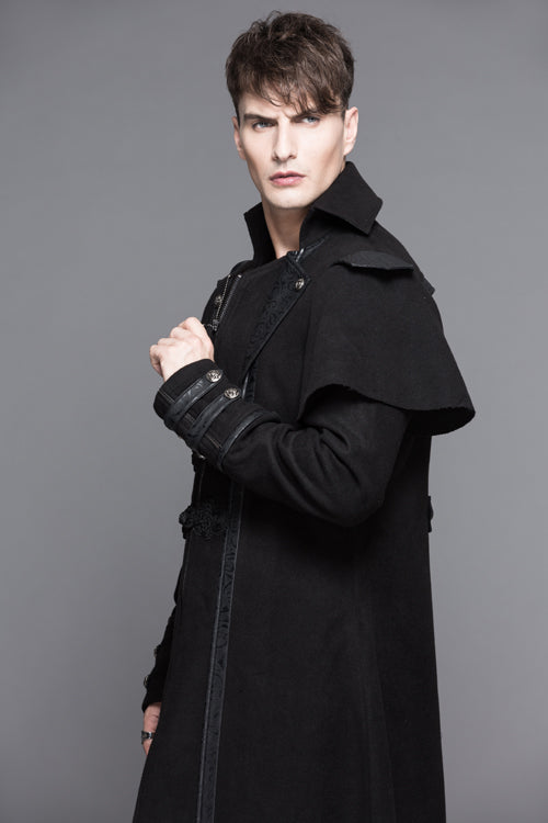 Black Fake Two Pieces High Collar Woollen Mens Gothic Long Coat - Product - 6
