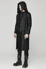 Black Crackled Mesh Hollow Stitching Hooded Mens Steampunk Coat - Product - 3