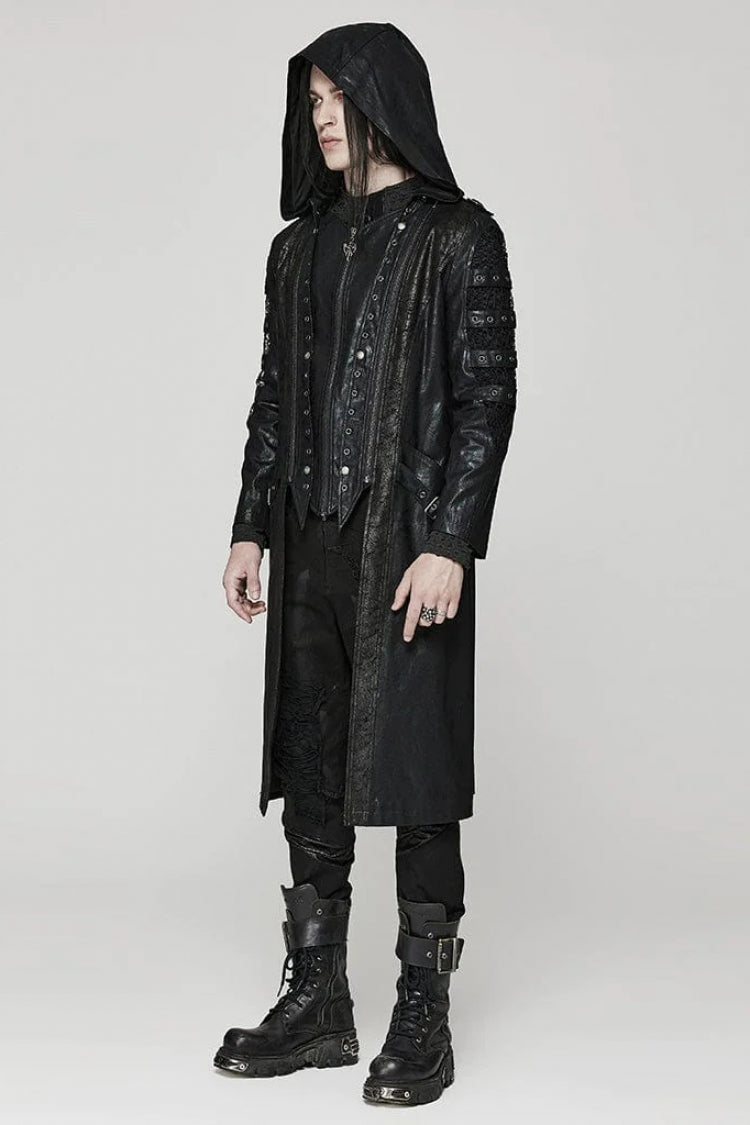 Black Crackled Mesh Hollow Stitching Hooded Mens Steampunk Coat - Product - 3