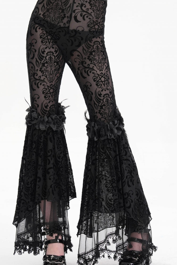 Black Embroidery Lace Sheer Mesh Tassels Women's Gothic Pants - Product - 2