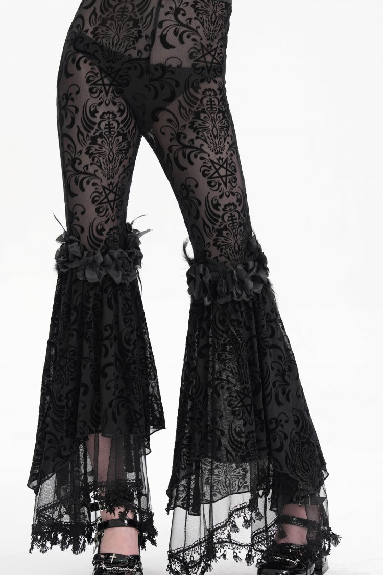 Black Embroidery Lace Sheer Mesh Tassels Women's Gothic Pants - Product - 2