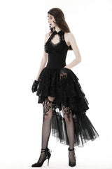 Black Off Shoulder Halterneck Sleeveless Irregular High Low Multi-Layered Lace Women's Gothic Dress - Product - 12