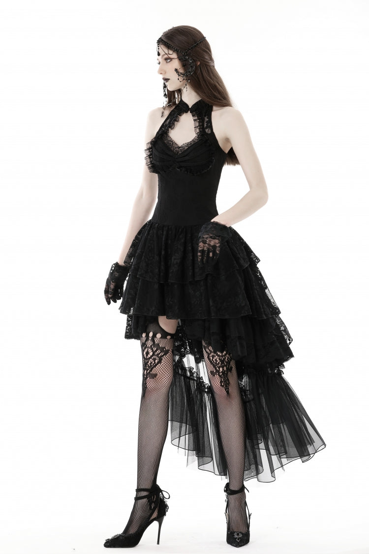 Black Off Shoulder Halterneck Sleeveless Irregular High Low Multi-Layered Lace Women's Gothic Dress - Product - 12