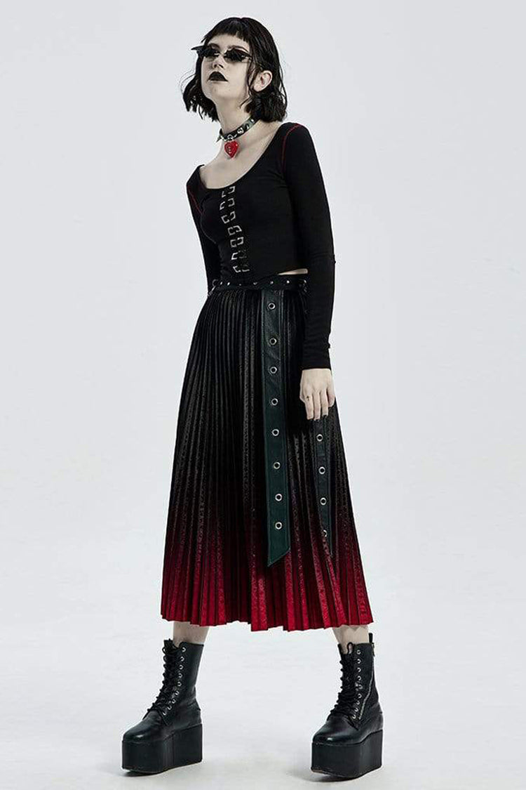 Black Round Collar Long Sleeve Front Metal Square Eyelets Decoration Short Tight Women's Punk T-Shirt - Product - 4