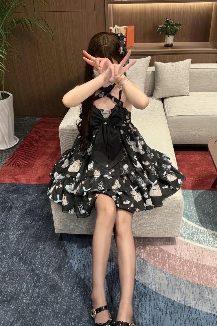 [Ocean Sweetheart] Halterneck Sleeveless Triple-Layered Printed Ruffled Bow Lace Sweet Lolita Strap Dress 5 Colors - Product - 14