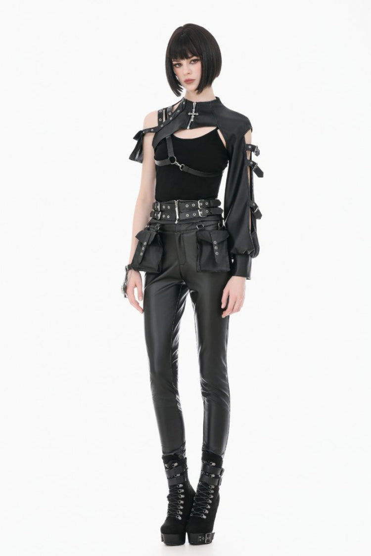Black Eyelet Buckled Zippered Women's Punk Leather Belt with Side Pouches - Product - 9