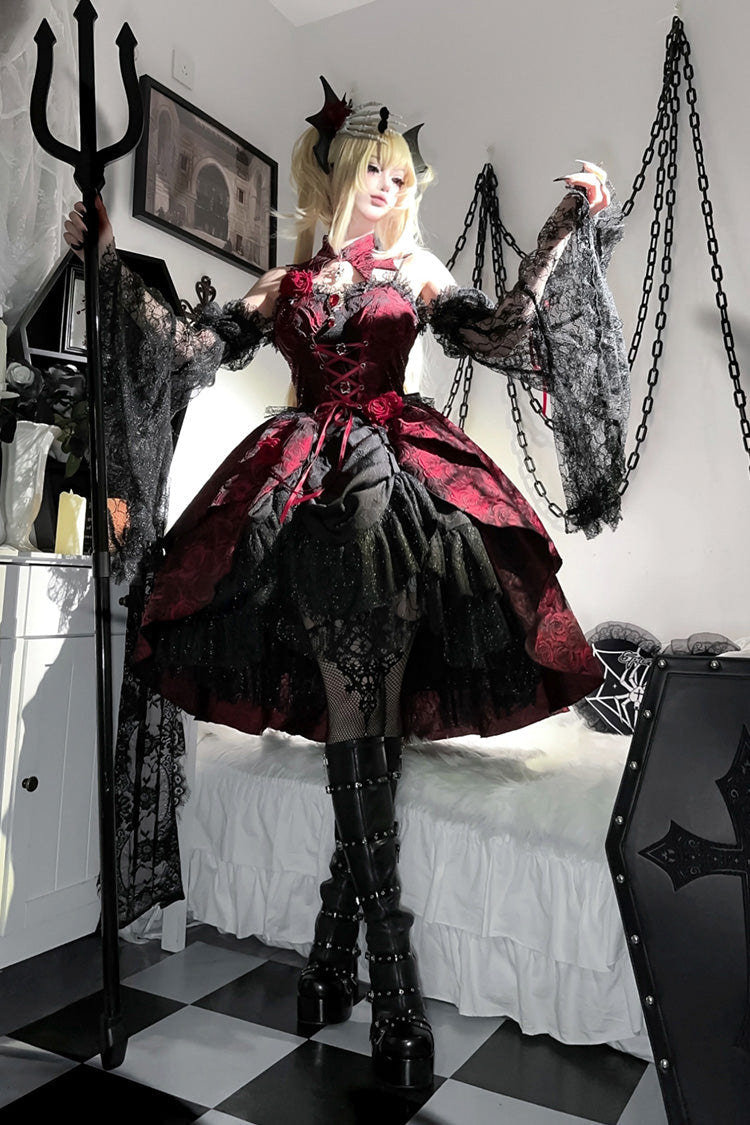 Red [Rose Dish] Ruffle Embroidery Cardigan Bowknot Lace-Up Gothic Lolita Jsk Dress - Product - 4