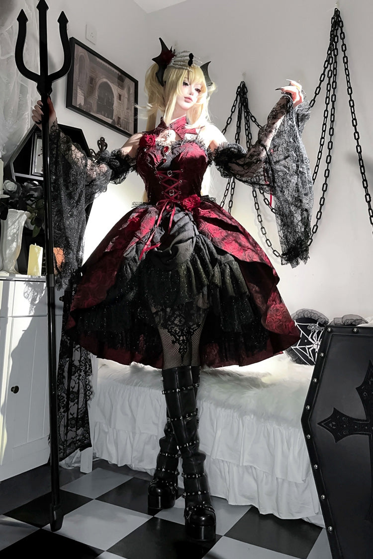 Red [Rose Dish] Ruffle Embroidery Cardigan Bowknot Lace-Up Gothic Lolita Jsk Dress - Product - 4