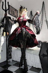 Red [Rose Dish] Ruffle Embroidery Cardigan Bowknot Lace-Up Gothic Lolita Jsk Dress - Product - 4