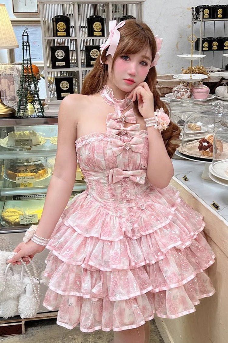 Pink [Broken Silver Rose] Halterneck Sleeveless Multi-Layered Ruffle Bowknot Sweet Princess Lolita Tiered Dress - Product - 2