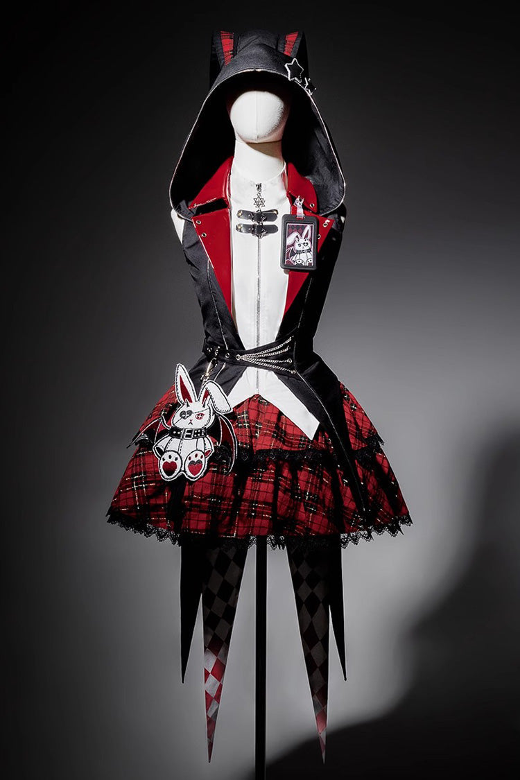 Black/Red [Rock Bunny] Sleeveless Double-Layered Embroidery Hooded Punk Lolita Skirt Set - Product - 3