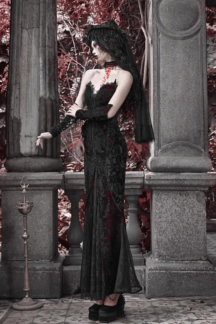 Black/Red [Scarlet Blood Peak] Sleeveless High Waisted Ruffle Embroidery Lace Gothic Lolita Fishtail Dress - Product - 11