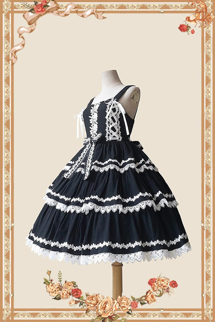 【Three-section Cake】ブラック×ホワイト スイートロリータワンピース｜ノースリーブ、ティアードデザイン – 記載アイテムのみ 商品画像
