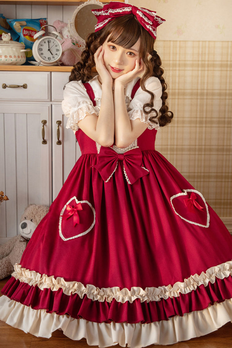 Wine Love Heart Shape Pockets Bowknot Classic Lolita Jsk Dress - Product - 3