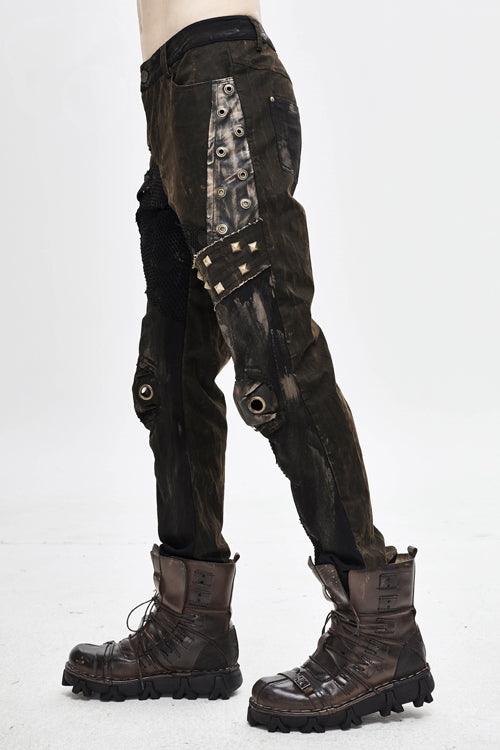 Brown Metallic Spiked Ragged Punk Slim Mens Pants - Product - 2